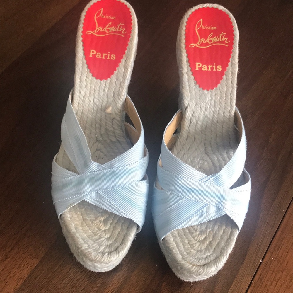 Christian Louboutin jute baby blue wedges
